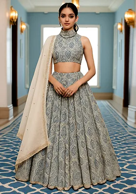White Printed Chiffon Lehenga Set