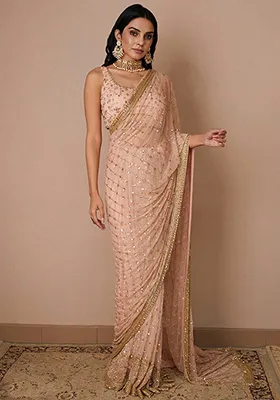 Light Pink Embroidered Soft Net Saree Set