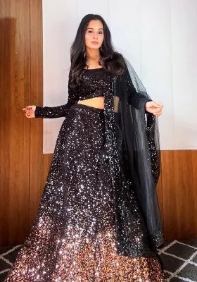 Black Sequin Work Velvet Lehenga Set