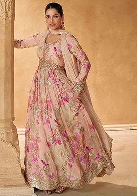 Peach Embroidered Chinnon Salwar Kameez