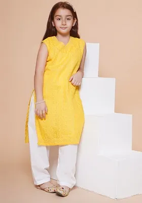Yellow Chikankari Work Cotton Kurta Set For Girls