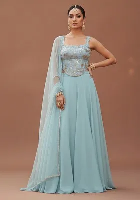 Blue Embroidered Silk Fusion Set