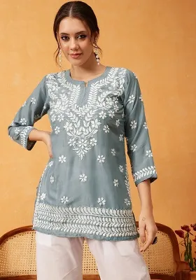 Grey Embroidery Rayon Top