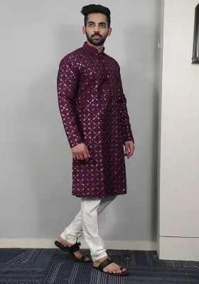Wine Embroidered Silk Kurta Set For Men