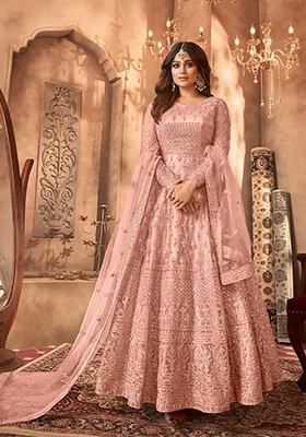 Peach Sequin Thread Embroidered Net Anarkali With Dupatta