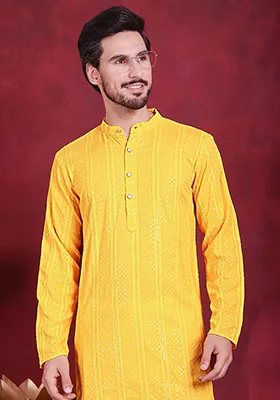 Yellow Embroidered Viscose Rayon Kurta For Men