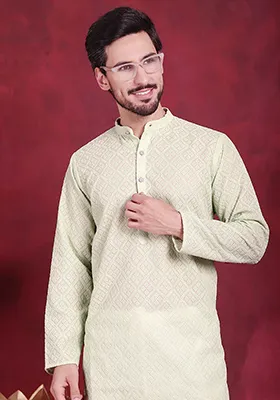 Pista Green Embroidered Georgette Kurta For Men