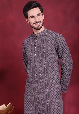 Grey Embroidered Georgette Kurta For Men