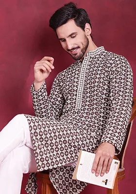 Brown Embroidered Viscose Rayon Kurta For Men