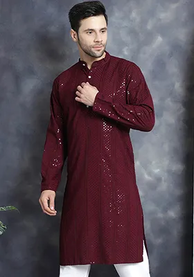 Purple Embroidered Viscose Rayon Kurta For Men