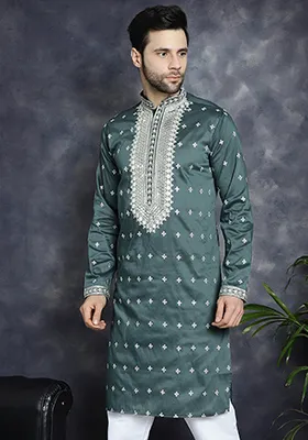 Olive Embroidered Cotton Blend Kurta For Men