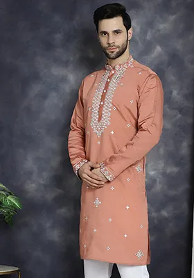 Peach Embroidered Cotton Blend Kurta For Men