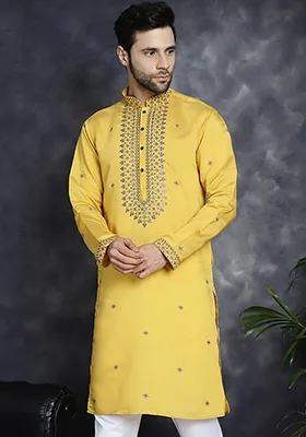 Yellow Embroidered Cotton Blend Kurta For Men