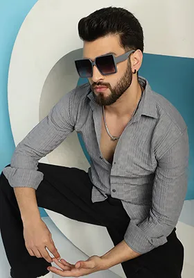 Grey Self Design Cotton Lycra Shirt For Men
