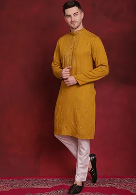 Mustard Embroidered Viscose Rayon Kurta For Men