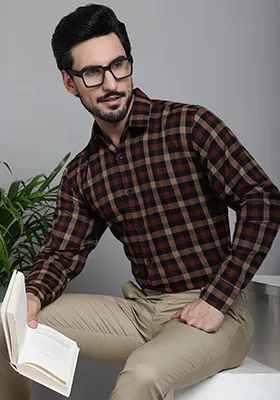 Brown Printed Cotton Shirt For Men