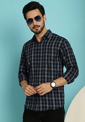 Navy Blue Printed Cotton Shirt For Men