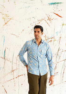 Blue Printed Cotton Shirt For Men