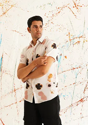 Peach Printed Cotton Shirt For Men