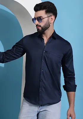 Navy Blue Cotton Shirt For Men
