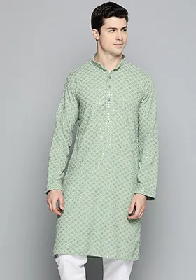 Pista Green Embroidered Cotton Kurta For Men