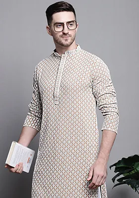 Beige Embroidered Cotton Kurta For Men