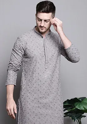 Grey Embroidered Cotton Kurta For Men
