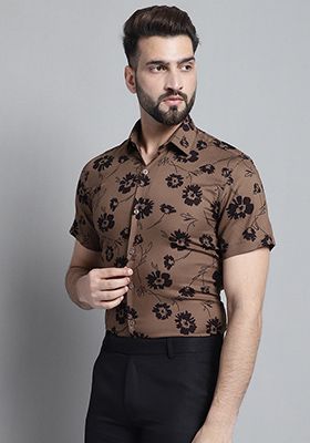 Brown Printed Viscose Shirt For Men