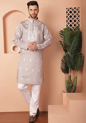 Grey Embroidered Cotton Blend Kurta For Men
