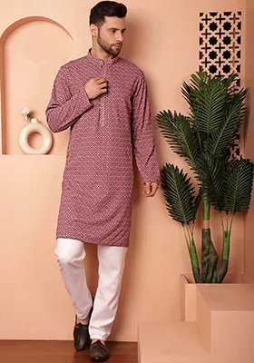 Magenta Embroidered Viscose Rayon Kurta For Men