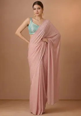 Blush Pink Jacquard Brocade Pre Draped Saree Set