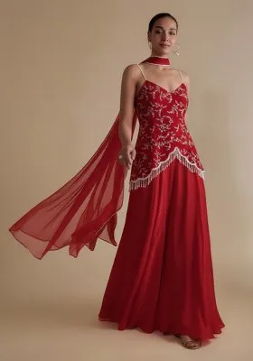 Red Crepe Fusion Set With Embroidered Blouse