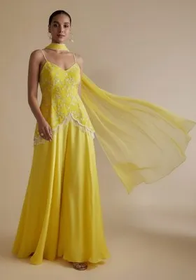 Yellow Crepe Fusion Set With Embroidered Blouse