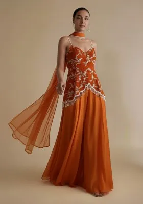 Orange Embroidered Crepe Fusion Set