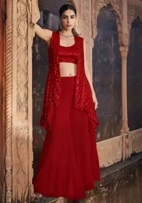 Wine Red Sequin Embellishment Georgette Fusion Set