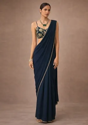 Navy Blue Solid Crepe Pre Draped Saree Set
