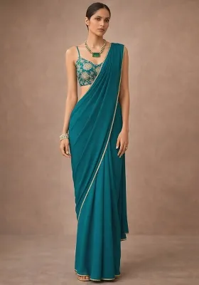 Teal Solid Crepe Pre Draped Saree Set