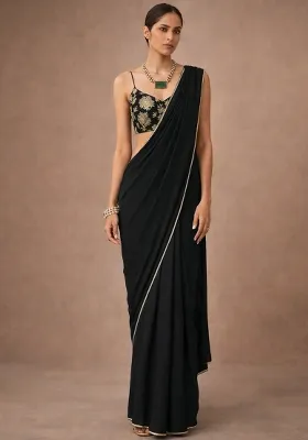 Black Solid Crepe Pre Draped Saree Set