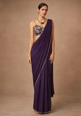 Deep Purple Crepe Pre Draped Saree Set With Embroidered Blouse