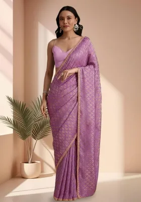 Lavender Jacquard Brocade Pre Draped Saree Set