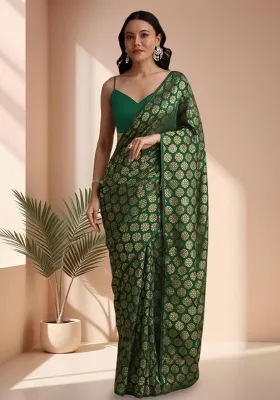 Emerald Green Brocade Pre Draped Saree Set