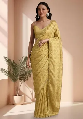 Gold  Brocade Pre Draped Saree Set