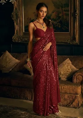 Rich Maroon Sequin Work Net Pre Draped Saree Set