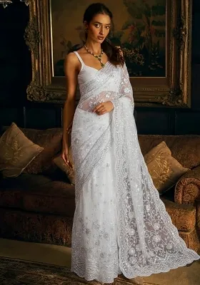 White Sequin Embroidery Net Pre Draped Saree Set