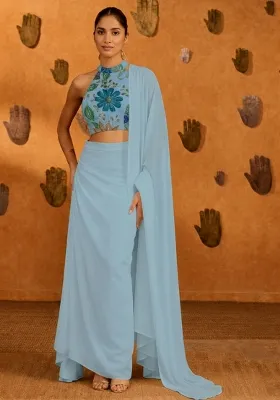 Powder Blue Poly Blend Pre Draped Saree Set With Embroidery Blouse