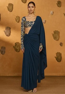 Deep Navy Blue Crepe Pre Draped Saree Set With Embroidered Blouse