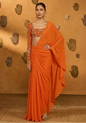 Orange Tissue Pre Draped Saree Set With Embroidered Blouse