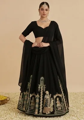 Black Embroidered Velvet Lehenga Set