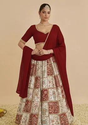 Maroon Printed Poly Blend Lehenga Set