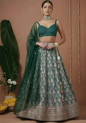 Bottle Green Embroidered Silk Lehenga Set